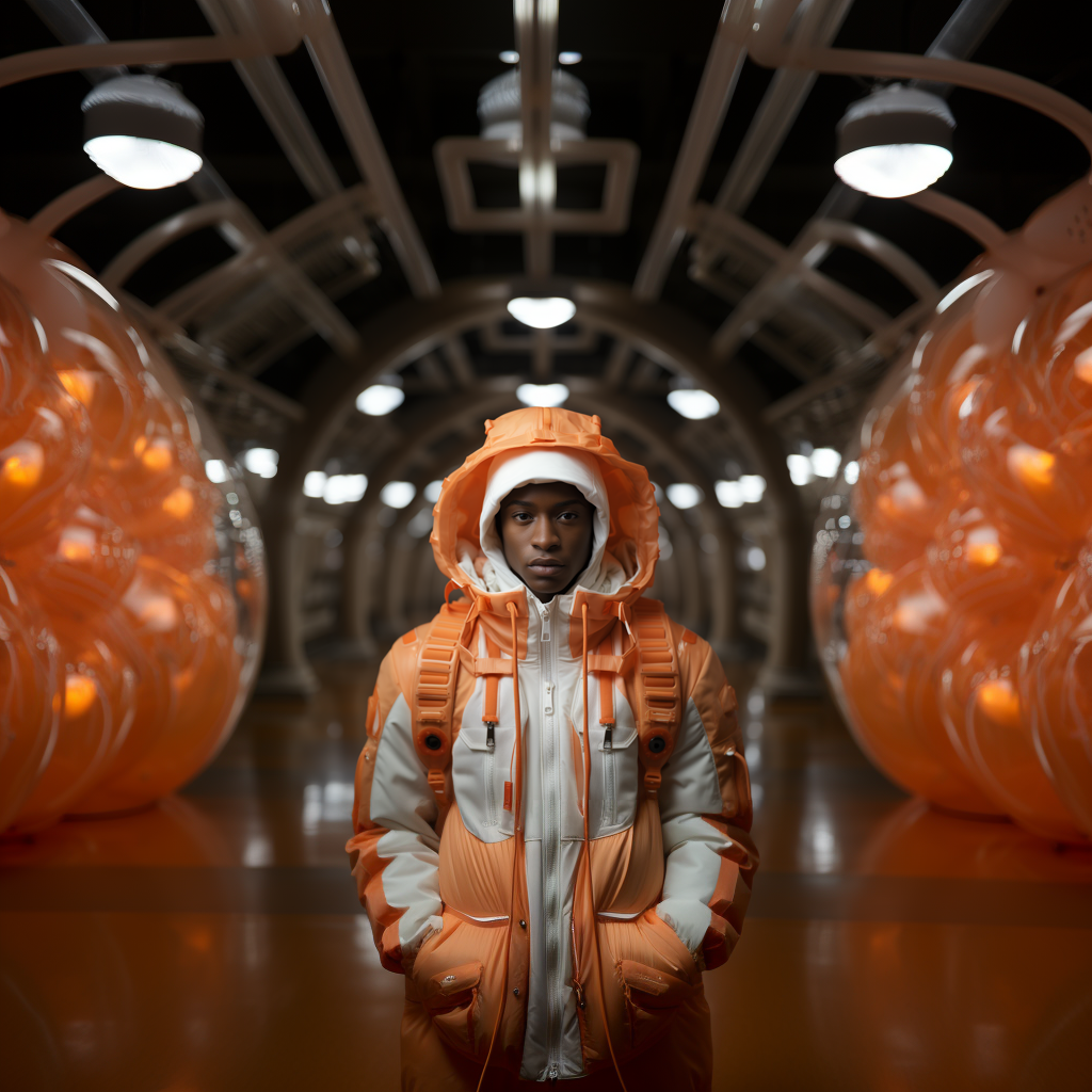 Orange suit — alien hangar.